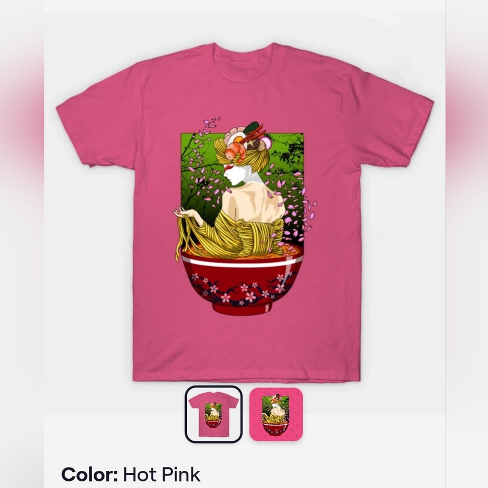 Graphic Tee custom printed T-shirt Vibrant hot pink t-shirt Geisha Ramen Noodles